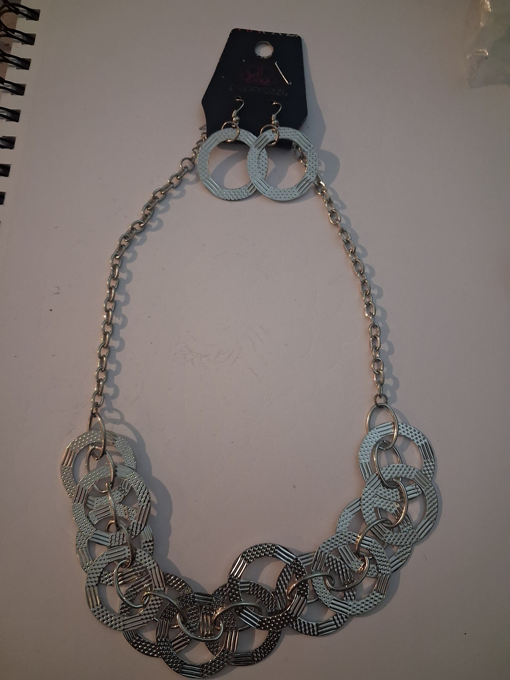 Silver Textured Chain Link Necklace and Earrings Set